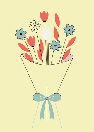 A bouquet of spring flowers tied with a ribbon, designed in a cheerful flat style concept illustration vector art on white backgroundのイラスト素材