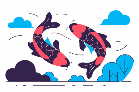 A koi fish swimming gracefully with flowing water around it, designed in a traditional Japanese style concept illustration vector art on white backgroundのイラスト素材