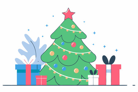 A single Christmas tree with glowing lights, ornaments, and a star on top concept illustration vector art on white backgroundのイラスト素材