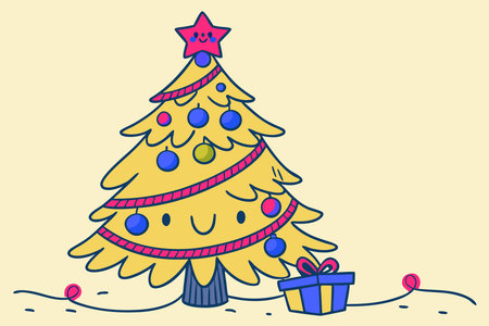 A single Christmas tree with glowing lights, ornaments, and a star on top concept illustration vector art on white backgroundのイラスト素材