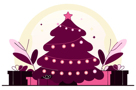 A single Christmas tree with glowing lights, ornaments, and a star on top concept illustration vector art on white backgroundのイラスト素材