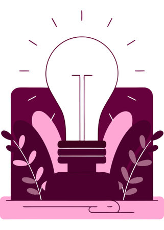 A single lightbulb with glowing effects, representing innovation, in a minimalist flat style concept illustration vector art on white backgroundのイラスト素材
