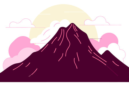 A single mountain peak with layers of mist and a glowing sunrise in the background concept illustration vector art on white backgroundのイラスト素材