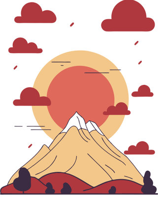 A single mountain peak with layers of mist and a glowing sunrise in the background concept illustration vector art on white backgroundのイラスト素材