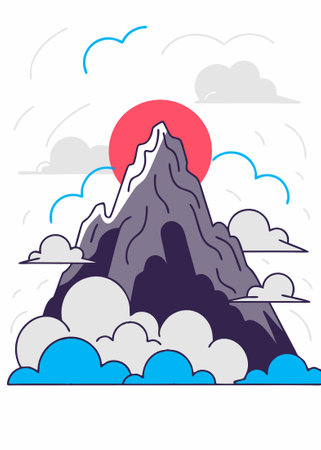 A single mountain peak with layers of mist and a glowing sunrise in the background concept illustration vector art on white backgroundのイラスト素材