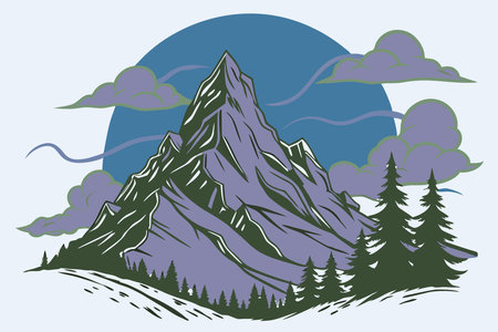 A single mountain peak with layers of mist and a glowing sunrise in the background concept illustration vector art on white backgroundのイラスト素材