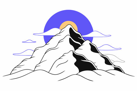 A single mountain peak with layers of mist and a glowing sunrise in the background concept illustration vector art on white backgroundのイラスト素材