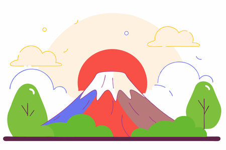 A single mountain peak with layers of mist and a glowing sunrise in the background concept illustration vector art on white backgroundのイラスト素材