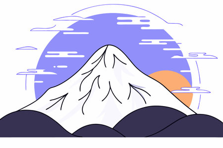 A single mountain peak with layers of mist and a glowing sunrise in the background concept illustration vector art on white backgroundのイラスト素材