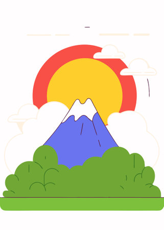 A single mountain peak with layers of mist and a glowing sunrise in the background concept illustration vector art on white backgroundのイラスト素材