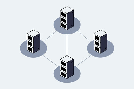 An isometric vector of a server room with racks of computers and glowing connections concept...