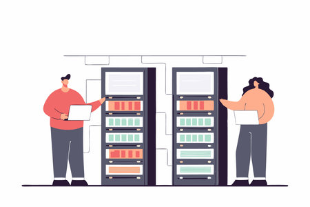 An isometric vector of a server room with racks of computers and glowing connections concept illustration vector art on white backgroundのイラスト素材