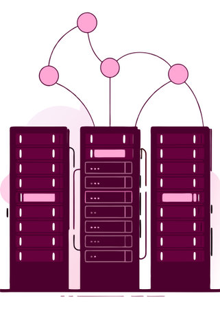 An isometric vector of a server room with racks of computers and glowing connections concept illustration vector art on white backgroundのイラスト素材