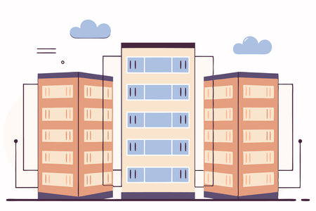 An isometric vector of a server room with racks of computers and glowing connections concept illustration vector art on white backgroundのイラスト素材