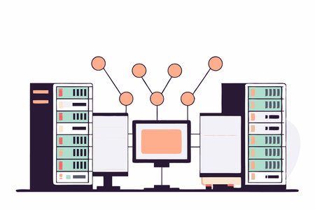 An isometric vector of a server room with racks of computers and glowing connections concept...