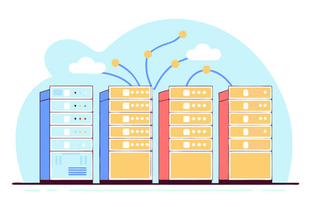An isometric vector of a server room with racks of computers and glowing connections concept illustration vector art on white backgroundのイラスト素材