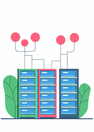An isometric vector of a server room with racks of computers and glowing connections concept...