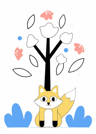 A cute cartoon-style fox sitting under a tree with a whimsical design concept illustration vector art on white backgroundのイラスト素材