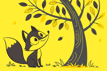 A cute cartoon-style fox sitting under a tree with a whimsical design concept illustration vector art on white backgroundのイラスト素材