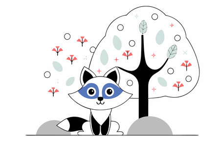 A cute cartoon-style fox sitting under a tree with a whimsical design concept illustration vector art on white backgroundのイラスト素材