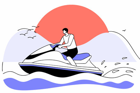 A man jet skiing at sunset watercolor paint concept illustration vector art on white backgroundのイラスト素材