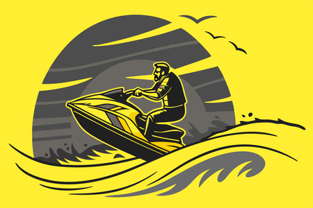 A man jet skiing at sunset watercolor paint concept illustration vector art on white backgroundのイラスト素材