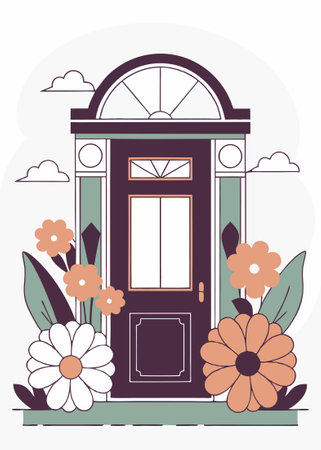 Door surrounded by flowers concept illustration vector art on white backgroundのイラスト素材