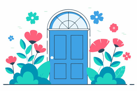 Door surrounded by flowers concept illustration vector art on white backgroundのイラスト素材