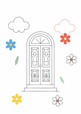 Door surrounded by flowers concept illustration vector art on white backgroundのイラスト素材