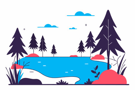 Landscape art illustration of lake and pine forests concept illustration vector art on white backgroundのイラスト素材