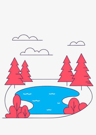 Landscape art illustration of lake and pine forests concept illustration vector art on white backgroundのイラスト素材