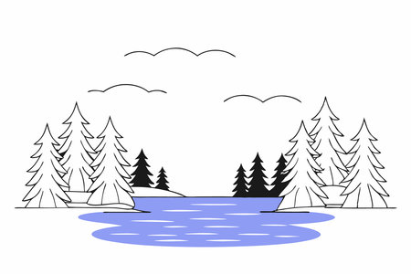 Landscape art illustration of lake and pine forests concept illustration vector art on white backgroundのイラスト素材
