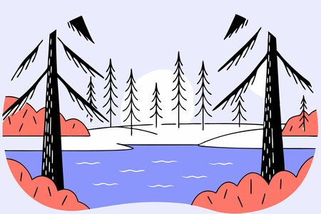 Landscape art illustration of lake and pine forests concept illustration vector art on white backgroundのイラスト素材
