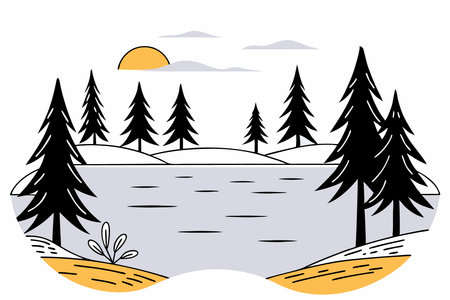 Landscape art illustration of lake and pine forests concept illustration vector art on white backgroundのイラスト素材