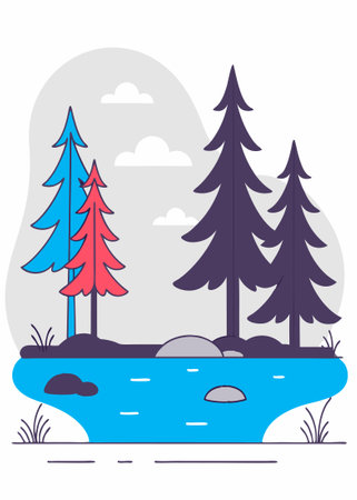 Landscape art illustration of lake and pine forests concept illustration vector art on white backgroundのイラスト素材