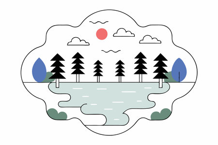 Landscape art illustration of lake and pine forests concept illustration vector art on white backgroundのイラスト素材