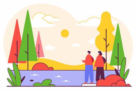 Landscape art illustration of lake and pine forests concept illustration vector art on white backgroundのイラスト素材