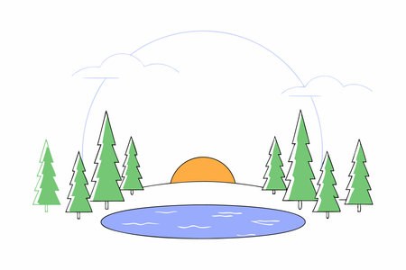 Landscape art illustration of lake and pine forests concept illustration vector art on white backgroundのイラスト素材