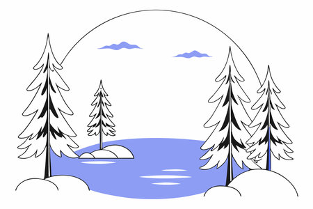 Landscape art illustration of lake and pine forests concept illustration vector art on white backgroundのイラスト素材