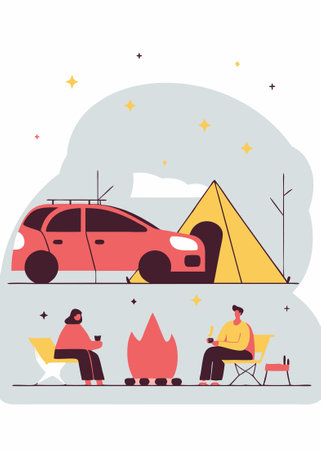 Night camping with car concept illustration vector art on white backgroundのイラスト素材