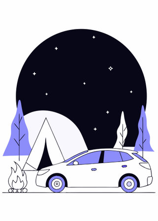 Night camping with car concept illustration vector art on white backgroundのイラスト素材
