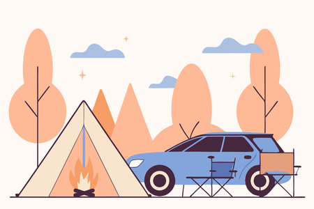 Night camping with car concept illustration vector art on white backgroundのイラスト素材