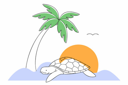 Sea turtle under the coconut tree concept illustration vector art on white backgroundのイラスト素材