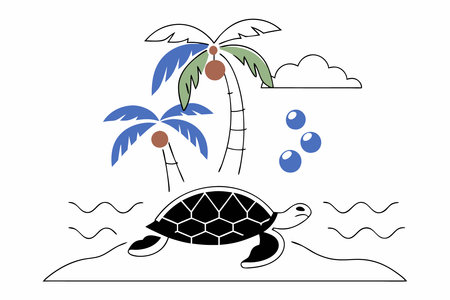 Sea turtle under the coconut tree concept illustration vector art on white backgroundのイラスト素材