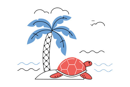 Sea turtle under the coconut tree concept illustration vector art on white backgroundのイラスト素材