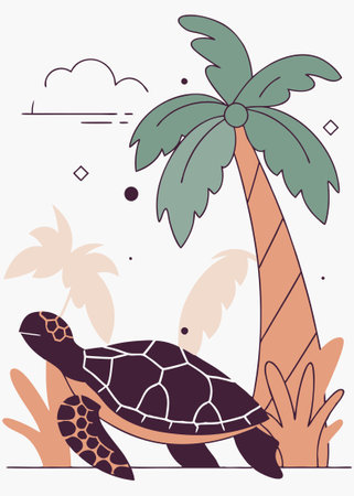Sea turtle under the coconut tree concept illustration vector art on white backgroundのイラスト素材