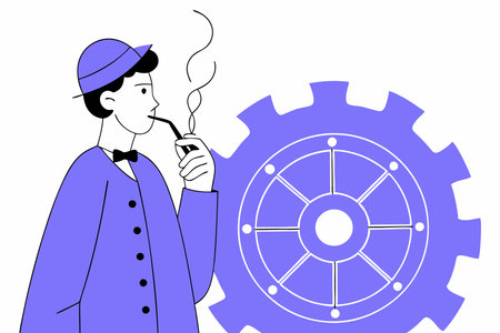 Illustration of a man smoking a cigarette next to a gear wheelのイラスト素材