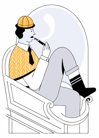 Vector illustration of a man in a hat smoking pipe on a benchのイラスト素材