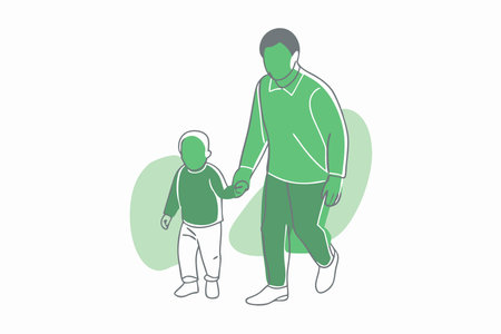 Father holding his son walking continuous one line artのイラスト素材