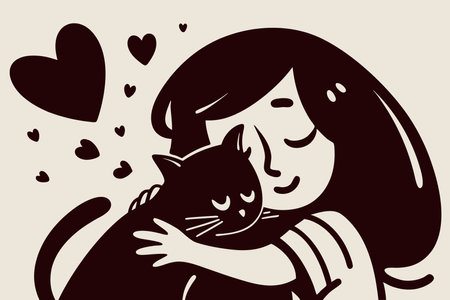 Minimalist girl hugging cat with love on white backgroundのイラスト素材
